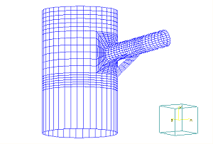 Lösung mit Finite Elemente Methode: Stutzen an Behaelterwand mit 2 Flacheisenrippen